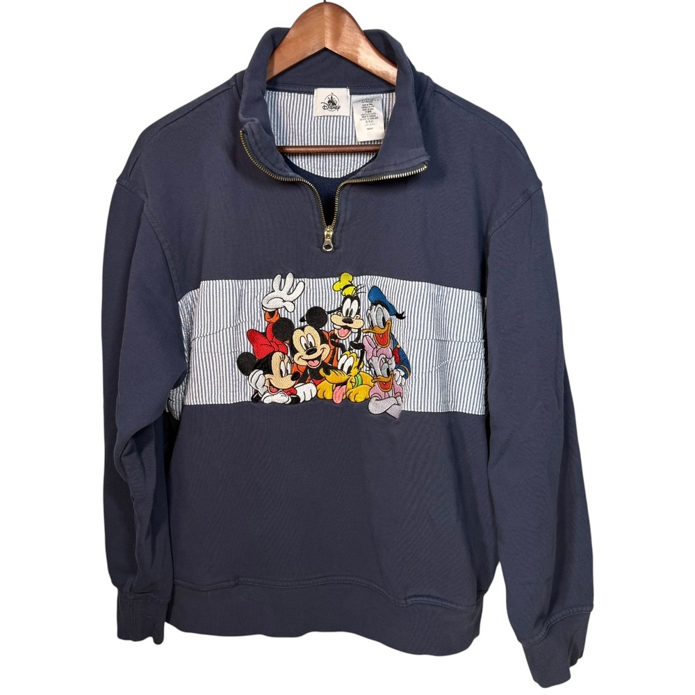 Disney Mickey and Friends Quarter Zip Pullover Seersucker Striped Size Large
